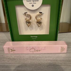 Kate Spade Gold Heart Earrings with Jeffree Star Supreme Gloss in Blood Sugar
